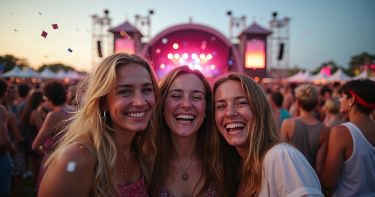 Grupo de amigos sorrindo e comemorando em um show ao ar livre 