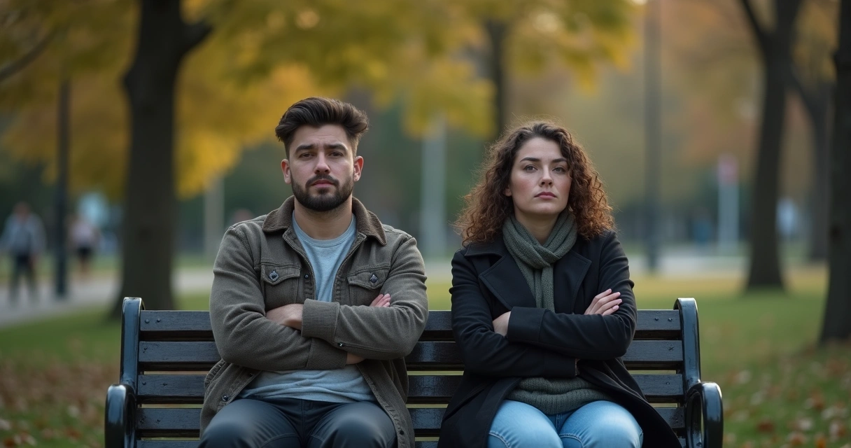Dois amigos sentados em banco de praça em silêncio, clima de desconforto 