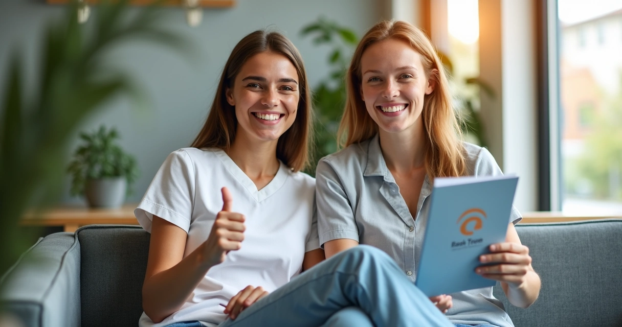 Dois amigos sorriem após consulta na clínica odontológica 