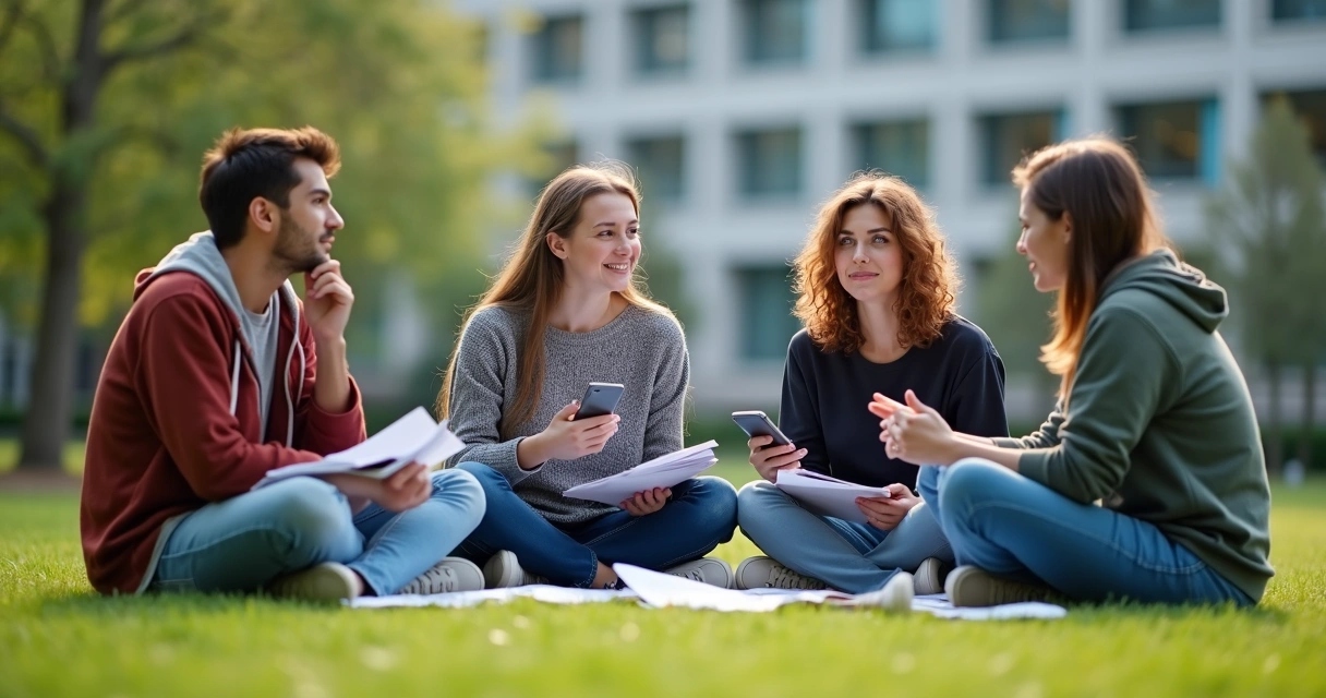 Grupo de amigos sentados em roda conversando sobre escolhas de carreira