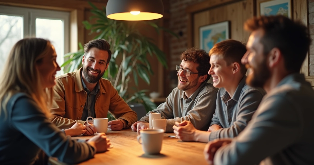 Grupo de amigos conversando y mostrando apoyo emocional 