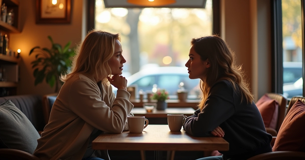 Dos personas conversando frente a frente en una cafetería 