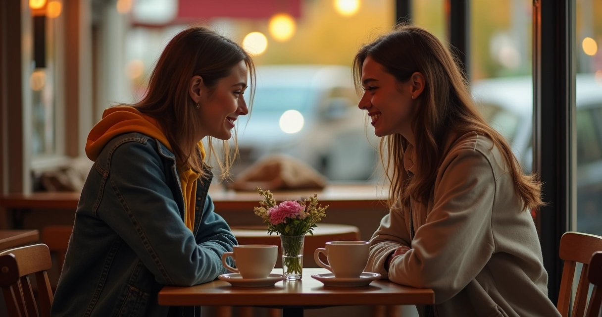 Dos personas hablando sentadas en un café con gestos de complicidad