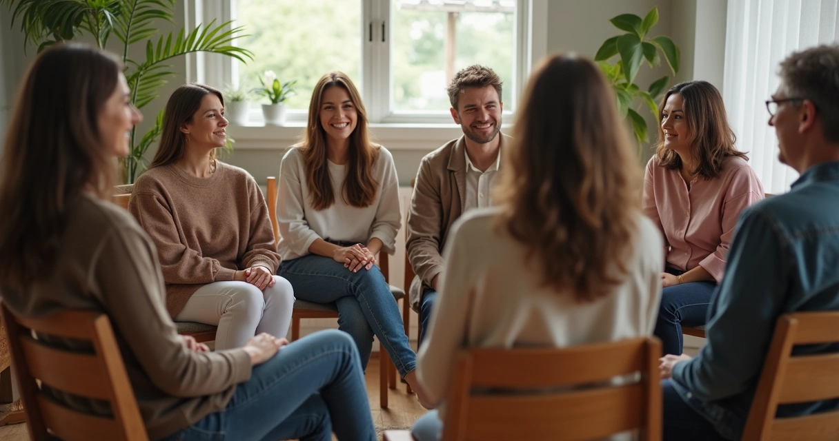Grupo de amigos sentados en círculo en sillas, mirándose en un gesto de apoyo y conversación 