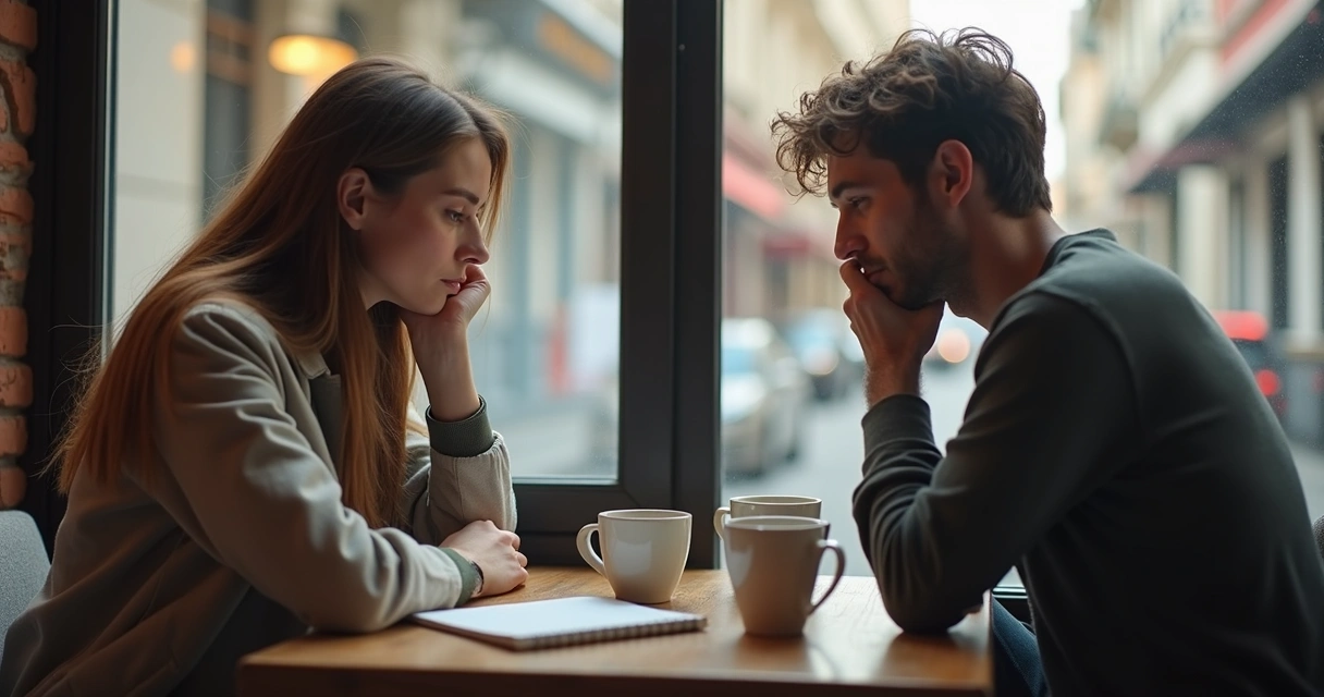 Dos amistades conversando en una cafetería con gestos de tensión y distancia sutil