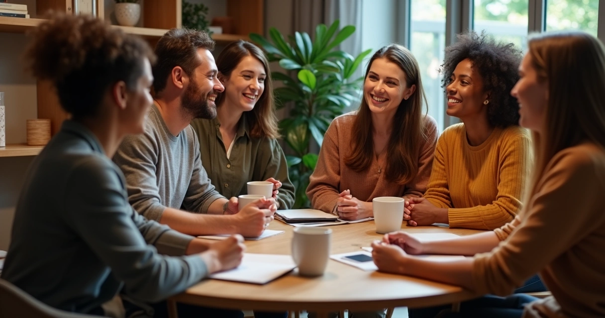 Personas sentadas en círculo compartiendo en una reunión grupal 