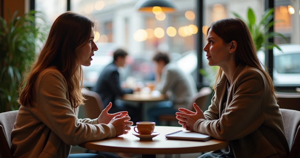 Dos amigas sentadas frente a frente en un café moderno, conversando con gesto reflexivo y cercano 