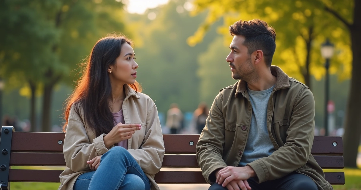 Dos personas conversan en un banco con distancia respetuosa 
