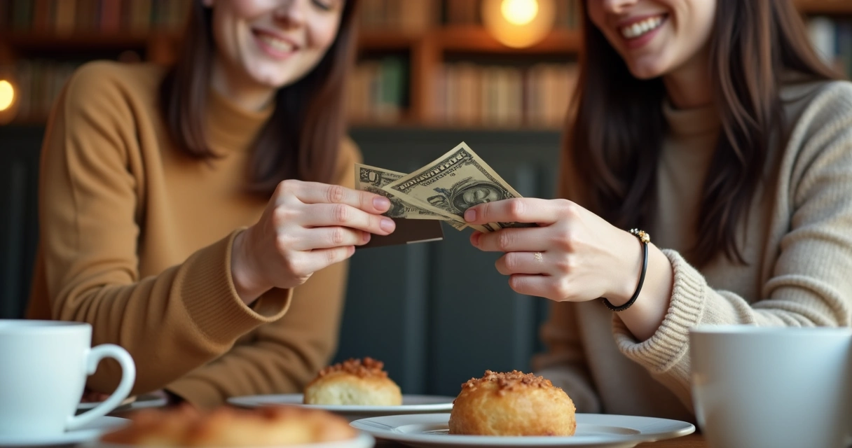 Dos amigas repartiéndose el pago en una cafetería 