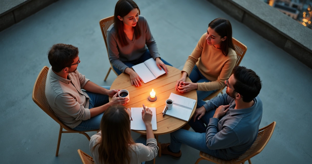Grupo de amigos vistos desde arriba formando una red conectada con líneas luminosas 