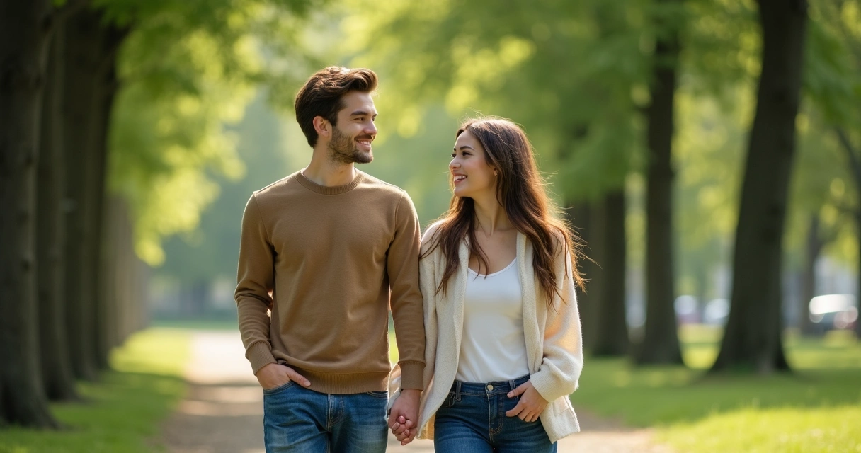 Pareja de amigos sonrientes caminando juntos en un parque