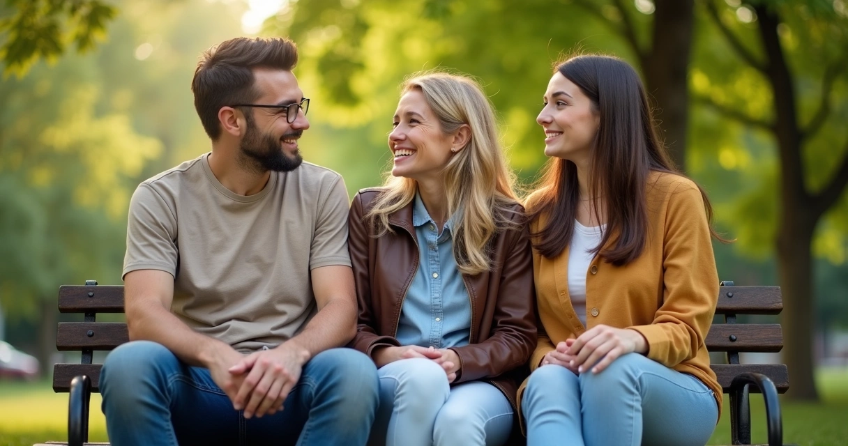 Tres amigos sentados en un banco, uno de ellos sonriendo con la mirada sincera 