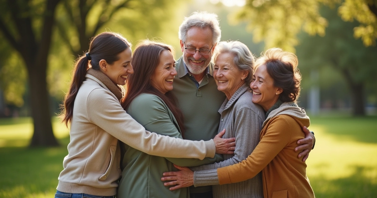 Pessoas de diferentes idades se abraçando em sinal de apoio em parque verde
