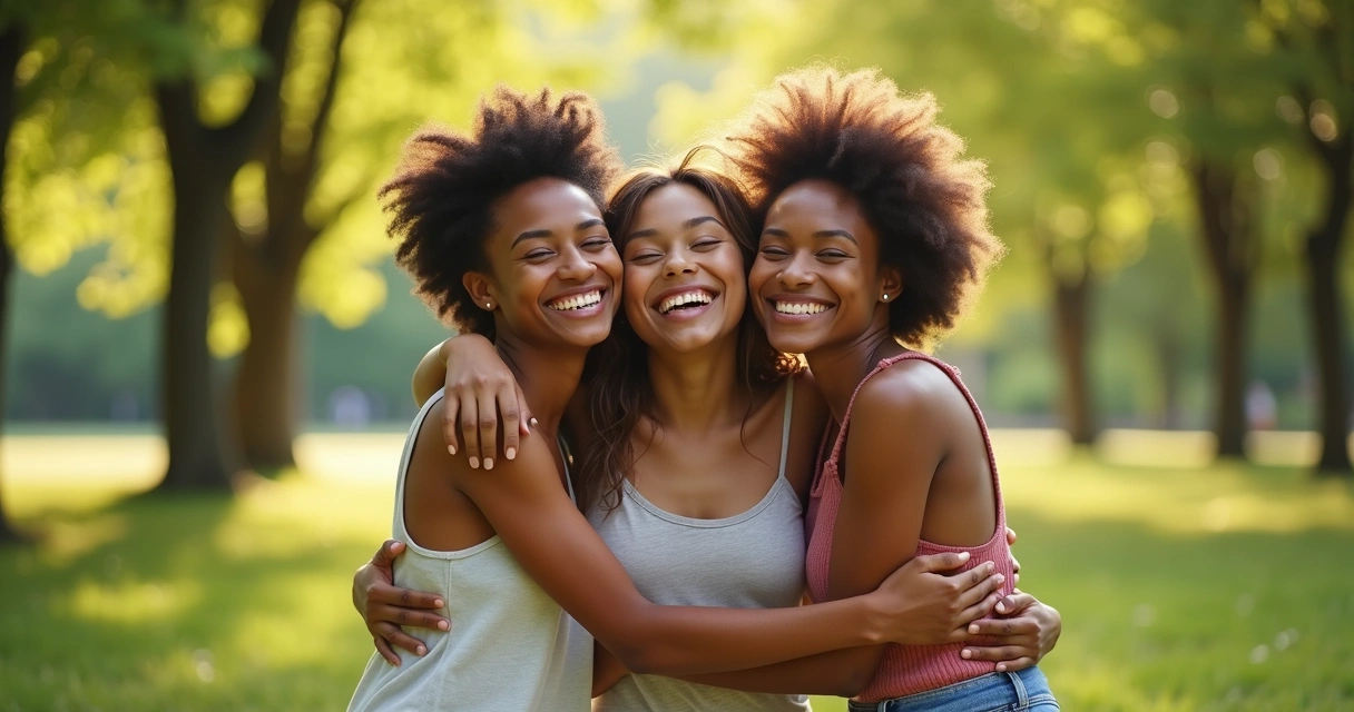 Amigos se abraçam em um parque ensolarado