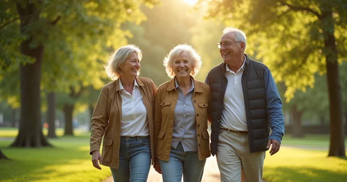 Amigos maduros caminhando juntos em um parque, sorrindo 