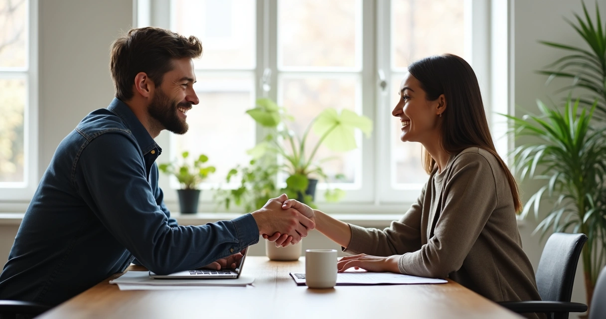 Duas pessoas sorrindo enquanto apertam as mãos numa reunião. 