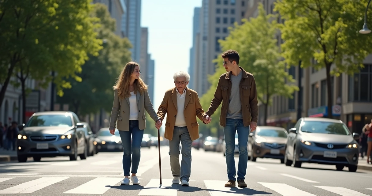 Duas pessoas ajudando um idoso a atravessar a rua 