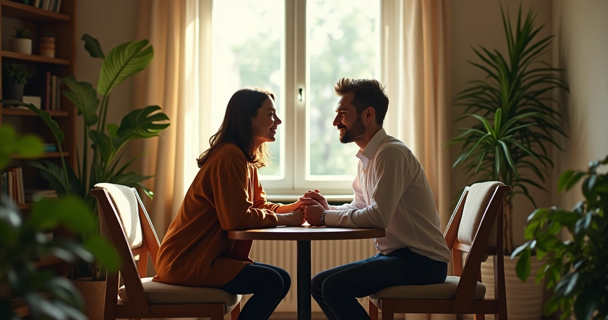 Duas pessoas sentadas, conversando de frente em ambiente aconchegante 