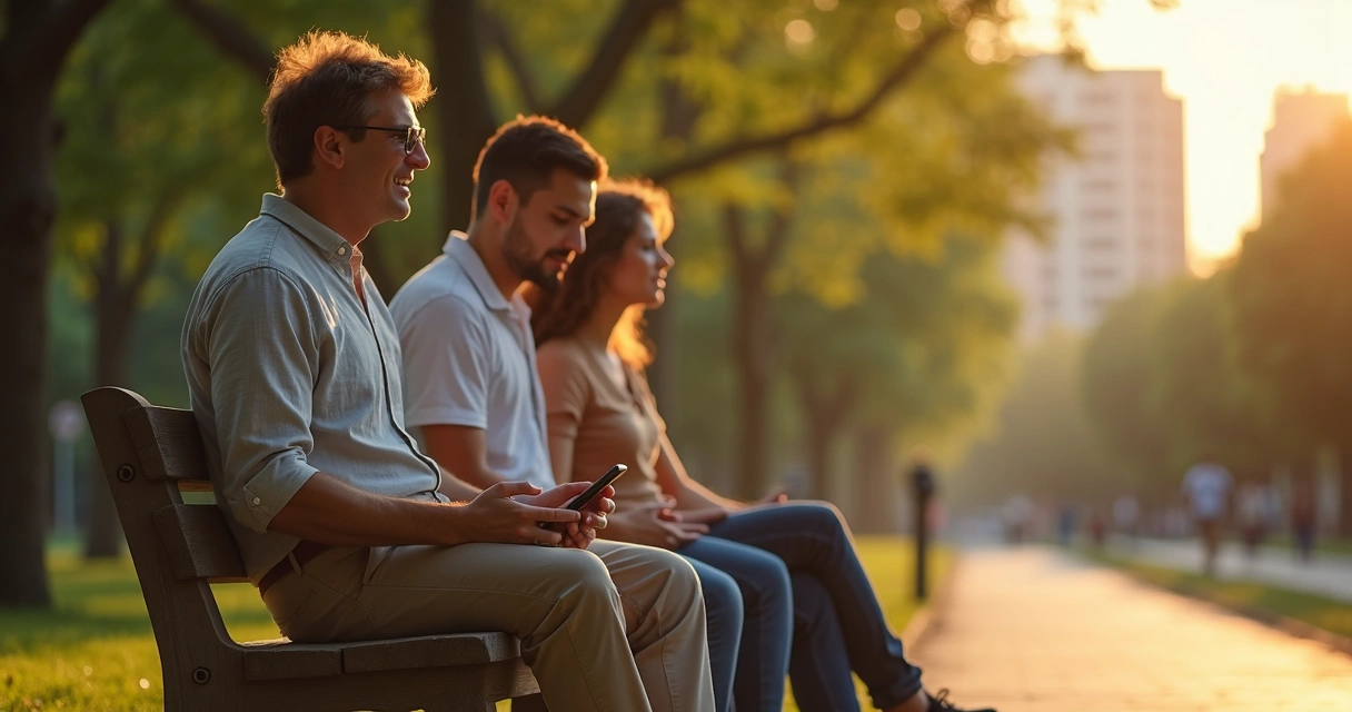Trio de amigos conversando de forma aberta em banco de parque 
