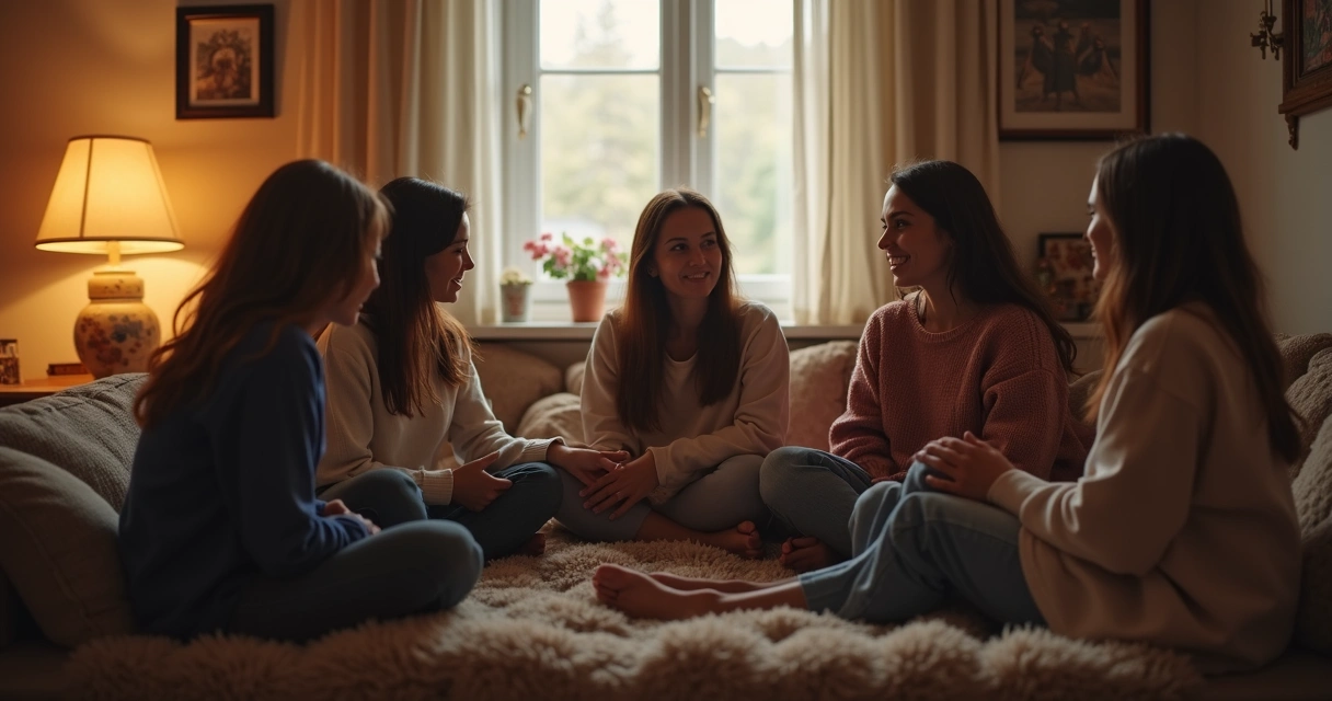 Grupo de amigos sentados em roda conversando de forma aberta e acolhedora