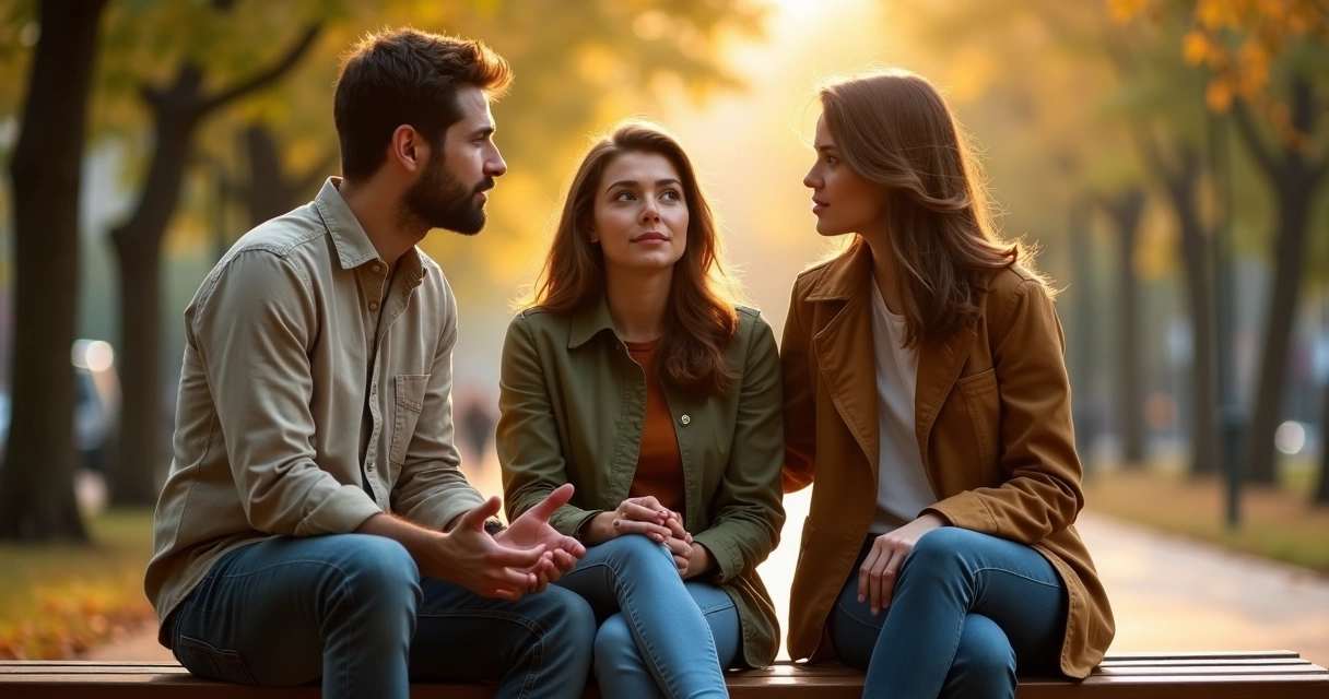 Três amigos conversando em um banco de praça em clima de reflexão profunda 