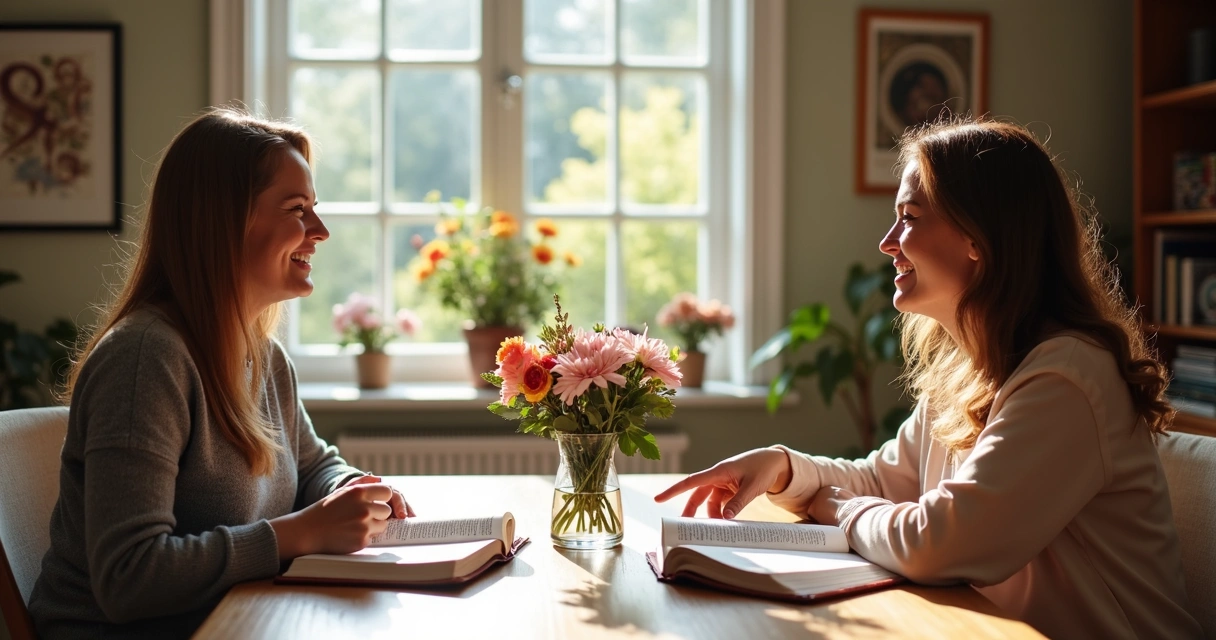 Duas mulheres conversando sentadas, bíblia e flores na mesa 