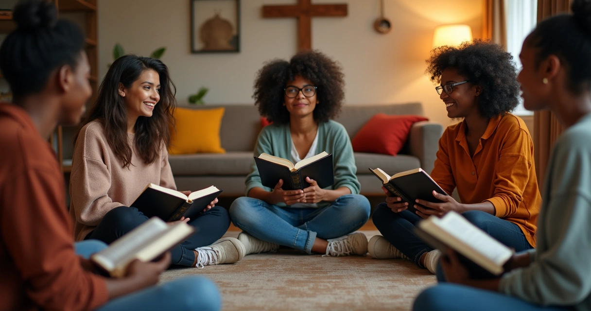 Grupo de amigos sentados em círculo lendo a Bíblia juntos 