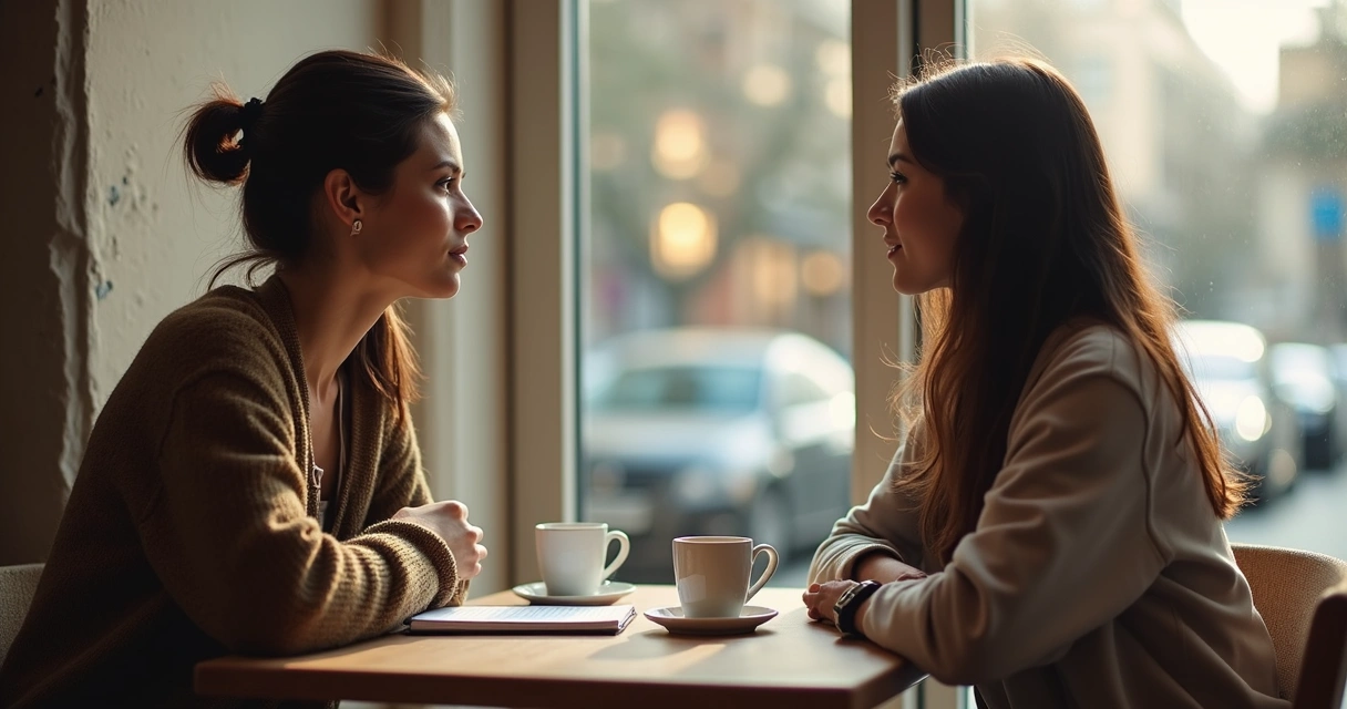 Duas pessoas conversando em uma mesa de café