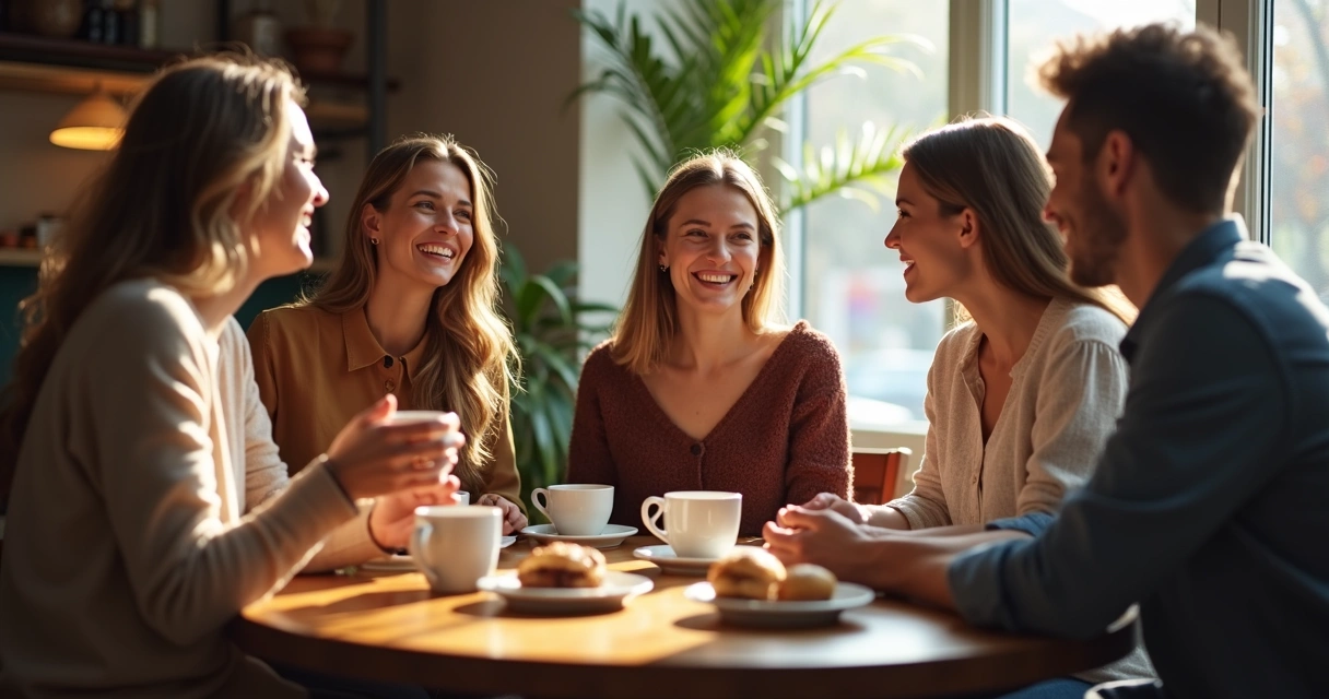 Amigos conversando em café com sorrisos e xícaras na mesa 