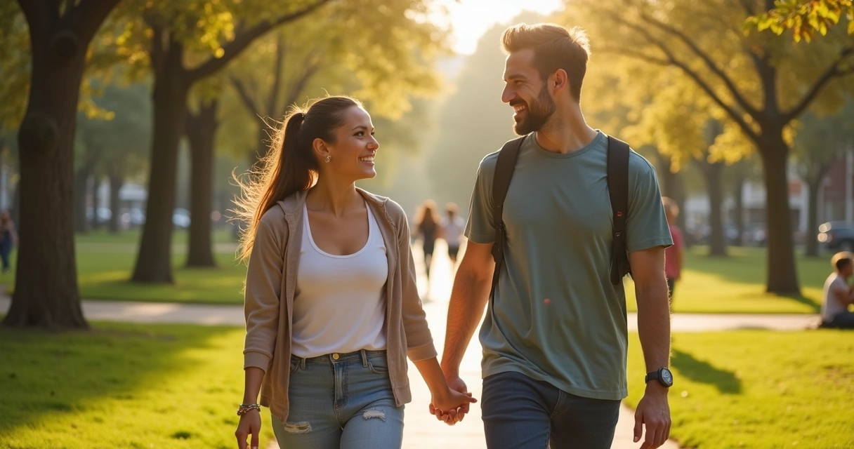 Amigos caminhando em parque 