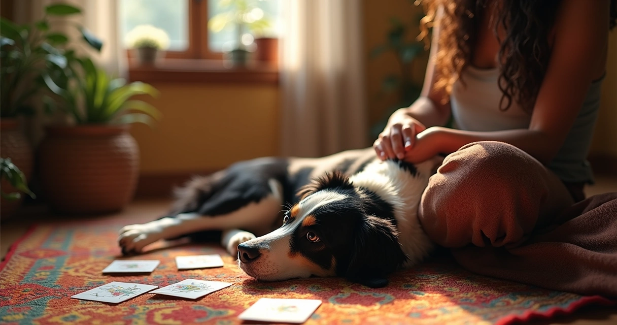 Cão preto e branco deitado ao lado de uma mulher feliz lendo cartas ciganas 