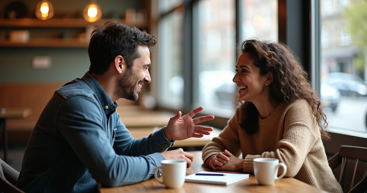 Dois amigos conversando em um café, sorrindo e gesticulando