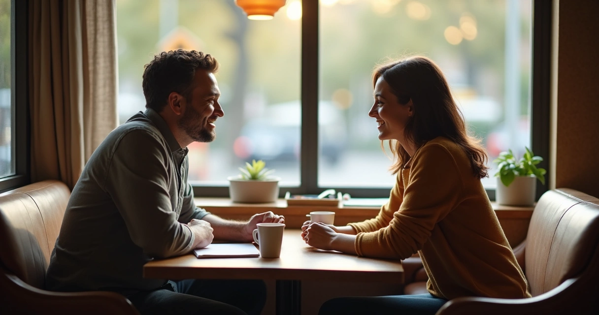 Duas pessoas sentadas frente a frente em uma cafeteria, conversando e sorrindo, com expressões de atenção e presença 