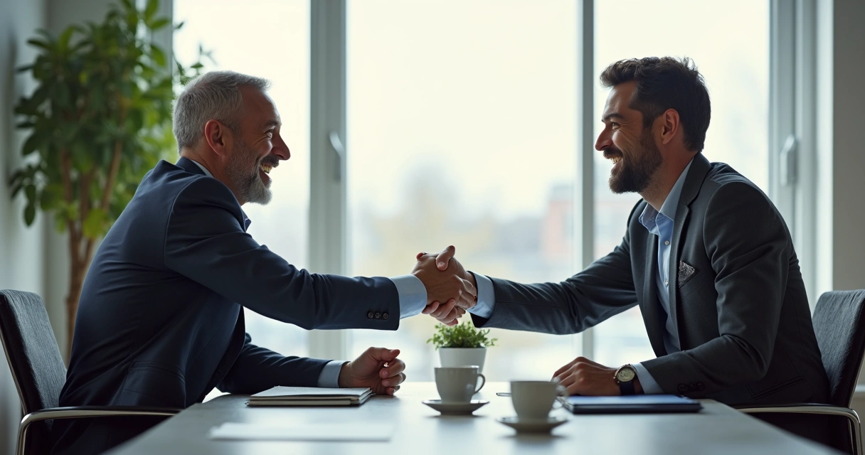 Dois homens sorrindo apertando as mãos com confiança na sala de reunião 