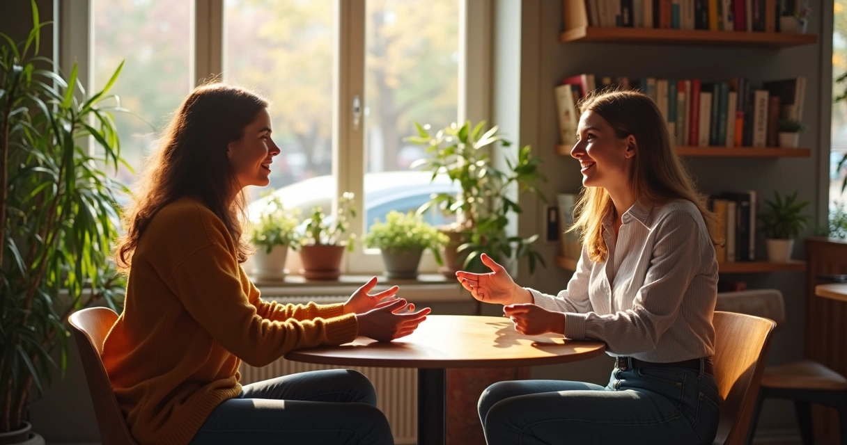 Dois amigos conversando de forma aberta em um café