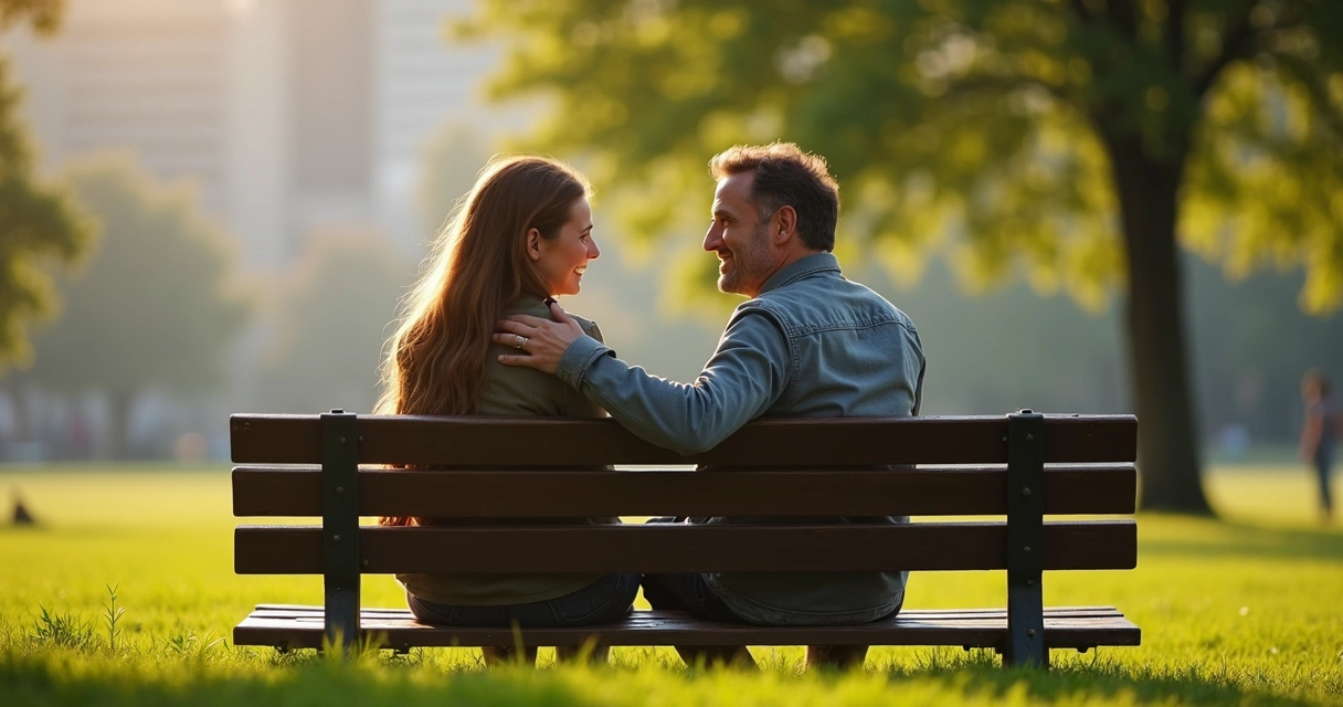 Duas pessoas conversando sentadas no parque, expressando conexão autêntica 