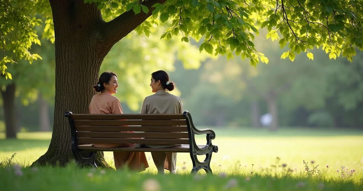 Duas mulheres sentadas em um banco de madeira sob uma árvore frondosa, conversando e sorrindo 