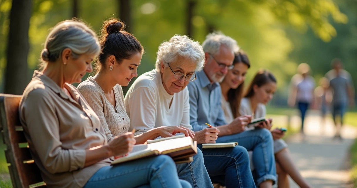 Grupo cristão de diferentes gerações conversando em parque ao ar livre 