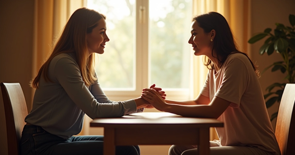 Duas mulheres sentadas frente a frente, uma segurando a mão da outra, em ambiente acolhedor e iluminado. 