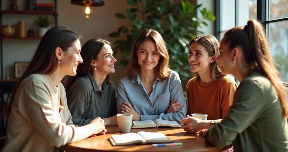 Grupo de amigas cristãs conversando ao redor de uma mesa de café 
