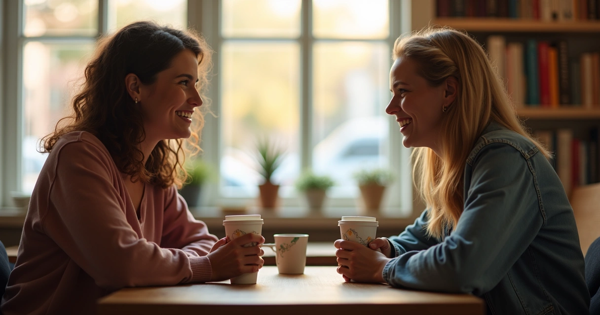 Duas pessoas sentadas em uma cafeteria, sorrindo uma para a outra enquanto conversam