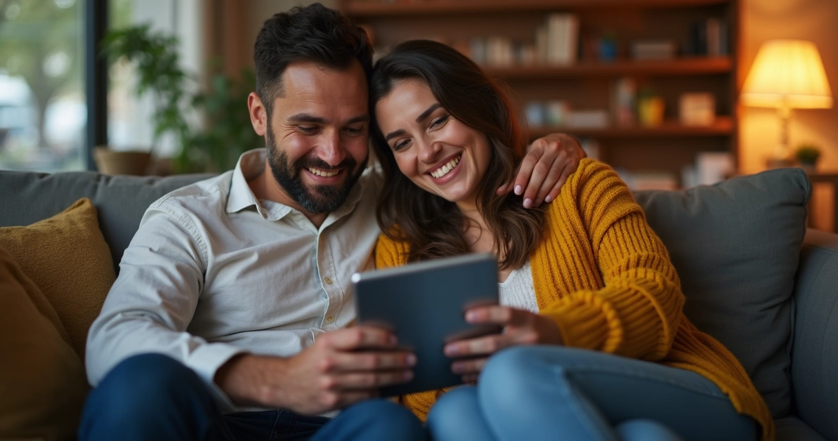 Duas pessoas sorrindo olhando juntas para a tela de um tablet 