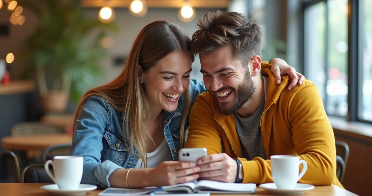 Duas pessoas rindo compartilhando conteúdo em um smartphone
