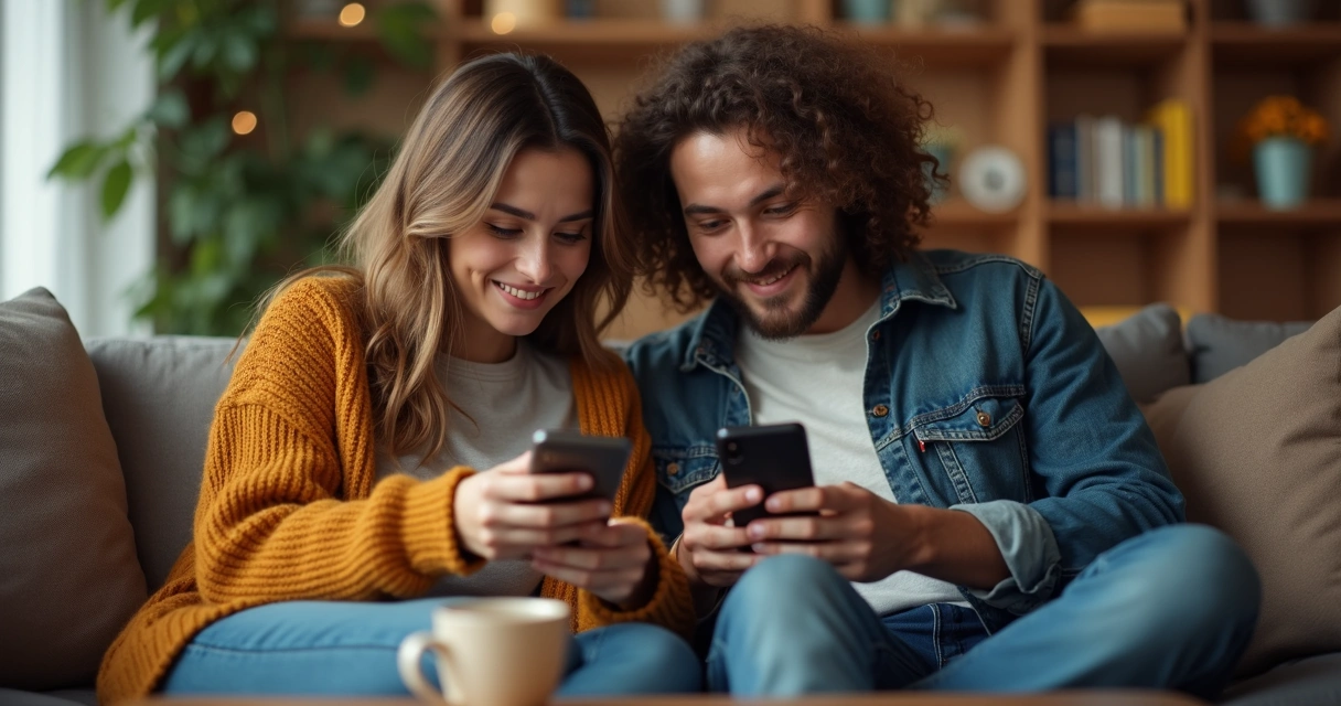 Dois amigos trocando mensagens por celular sentados em um sofá 