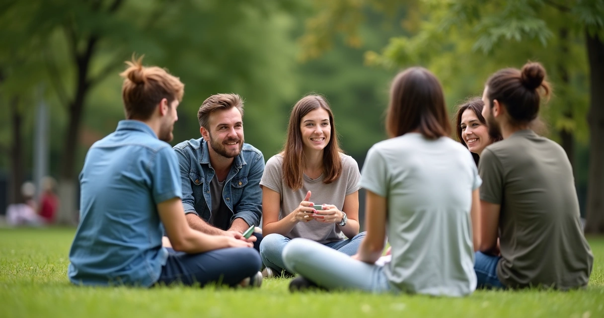 Grupo de amigos sentados em círculo, trocando olhares e conversas 
