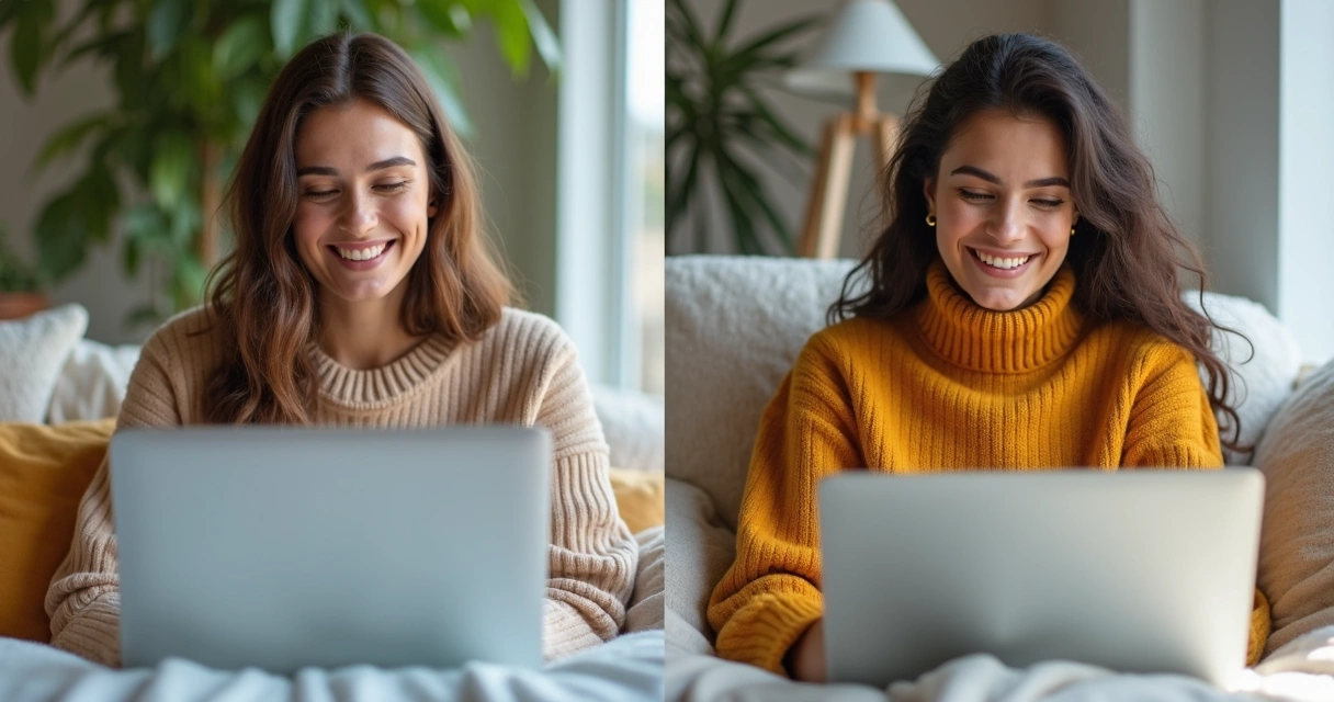 Jovens conversando em vídeo chamada em ambientes diferentes, sorrindo. 