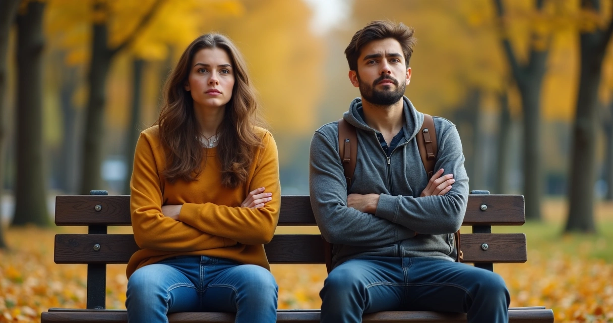 Dois amigos sentados lado a lado em um banco, olhando para frente em silêncio 