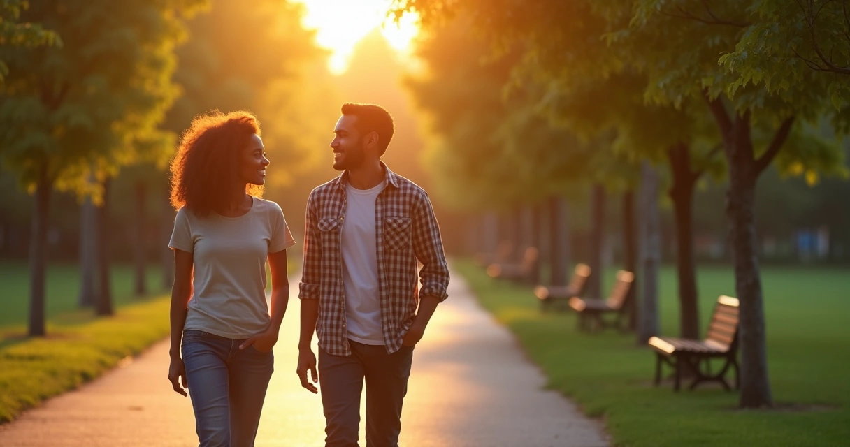 Duas pessoas caminhando juntas em parque, conversando amigavelmente 