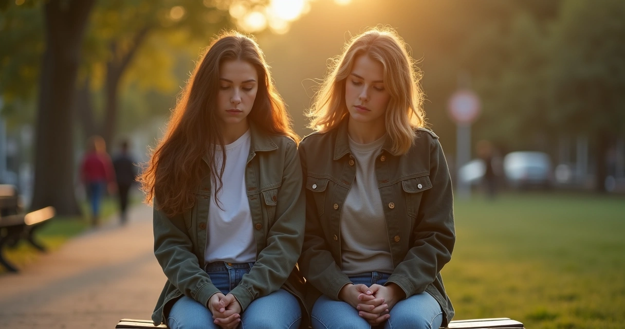 Dois amigos lado a lado em um banco de praça olhando em direções opostas 