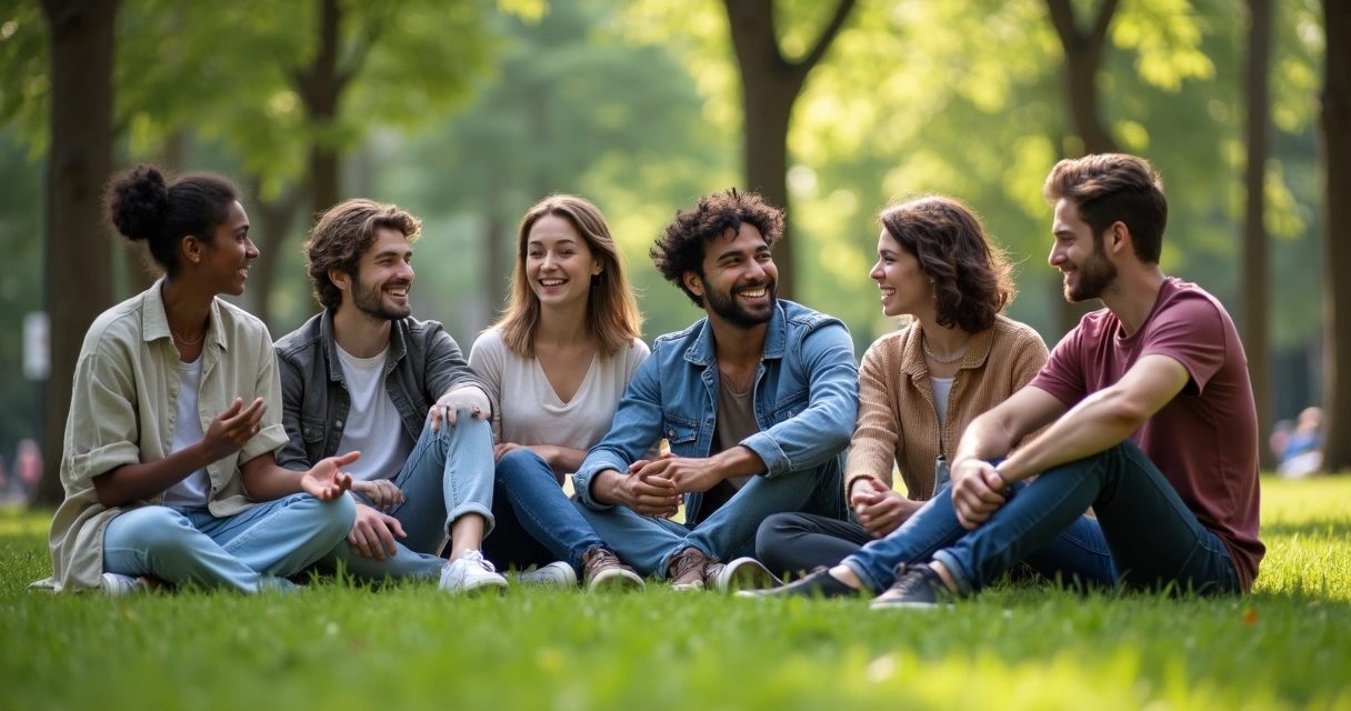 Grupo de amigos conversando sentados em um parque com árvores e grama ao fundo 